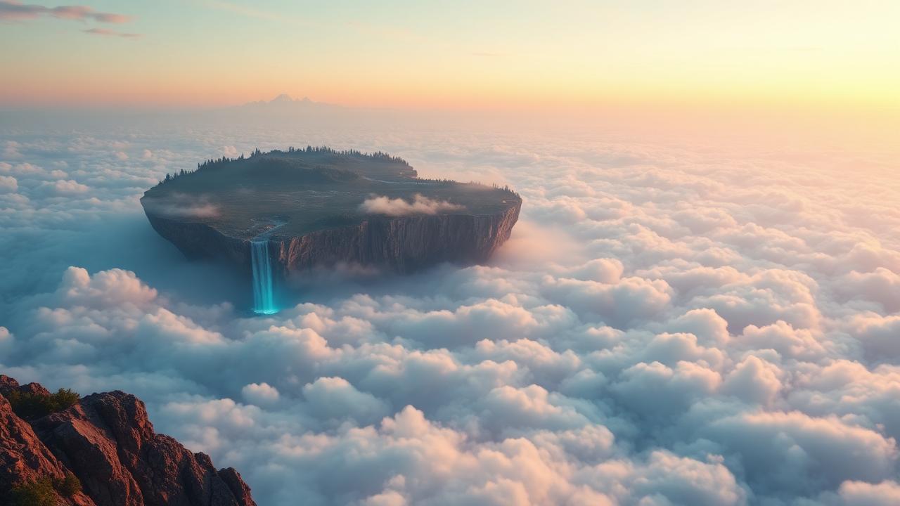 A floating island with a turquoise waterfall above the clouds at sunrise